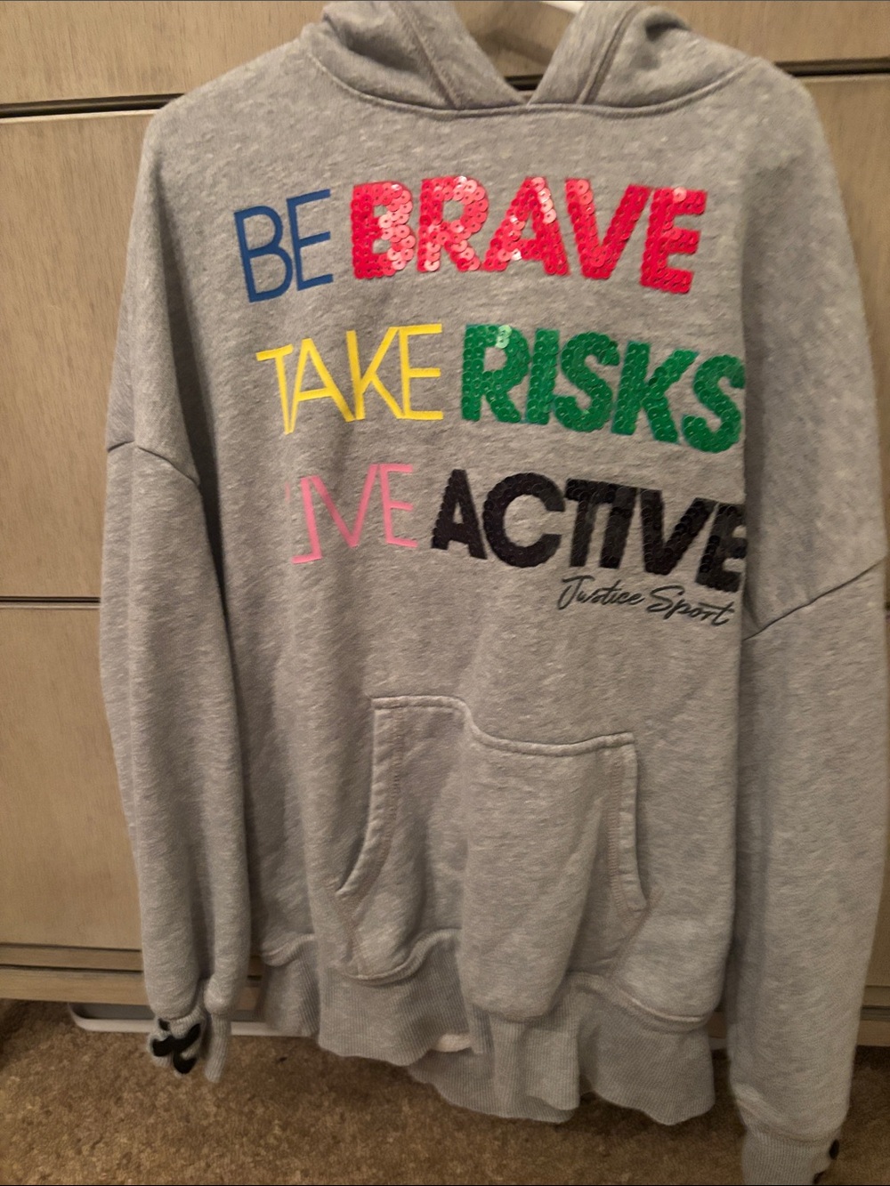 Justice Gray Crewneck Hoodie with Multicolor 'Be Brave' Graphic